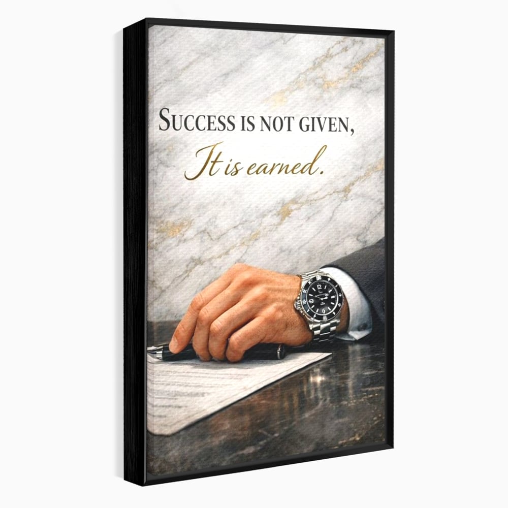 Tablou canvas cu tablou canvas cu citat motivational si mana cu ceas, in rama de aluminiu negru